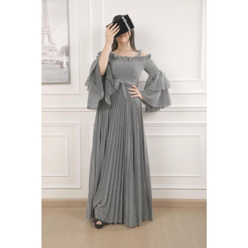 فستان سهره لمعه لاميه بليسيه أوف شولدر وأكمام طبقات