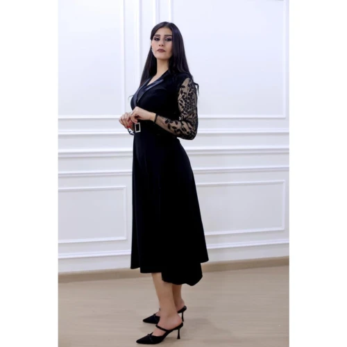 فستان ميدي كريب ناعم سهرة بأكمام تول طويلة وحزام