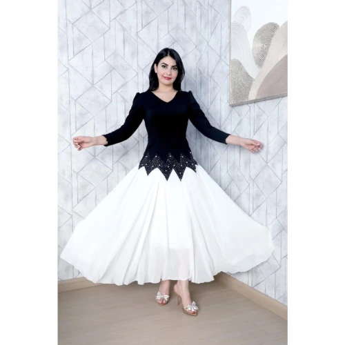 فستان سهره كريب مع الشيفون باكمام طويلة - أبيض وأسود