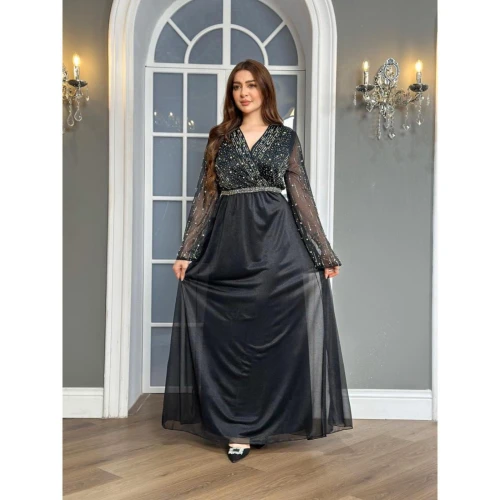 فستان سهرة لف قماش تول - أسود