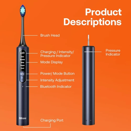 فرشاة الأسنان الكهربائية Bitvae Smart S3 Sonic الكهربائية للبالغين, فرشاة أسنان كهربائية قابلة لإعادة الشحن بعمر بطارية 180 يومًا مع مستشعر الضغط, فرشاة أسنان كهربائية مع 4 رؤوس للفرشاة, حقيبة سفر, أزرق داكن