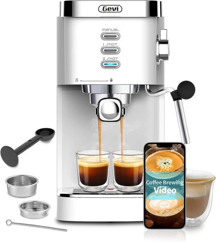 Gevi Espresso Machines 20 Bar ماكينة صنع قهوة الكابتشينو الأوتوماتيكية سريعة التسخين مع عصا رغوة الحليب للإسبريسو, لاتيه ماكياتو, خزان مياه قابل للإزالة سعة 1.2 لتر, 1350 وات, أبيض