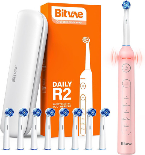 فرشاة أسنان كهربائية دوارة Bitvae R2 للبالغين مع 8 رؤوس فرشاة, 5 أوضاع فرشاة أسنان كهربائية قابلة لإعادة الشحن مع مستشعر الضغط