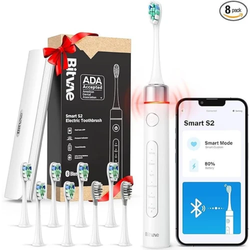 فرشاة أسنان كهربائية دوارة Bitvae R2 للبالغين مع 8 رؤوس فرشاة, 5 أوضاع فرشاة أسنان كهربائية قابلة لإعادة الشحن مع مستشعر الضغط