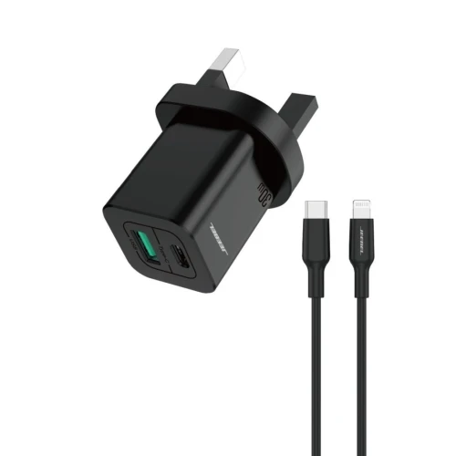 جيبيل باعتمادية آبل شاحن جدار 30 واط - بمنفذين USB وUSB Type--C - مع كايبل Type--C - لايتنينغ