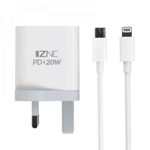 إزنك شاحن جداري بمنفذ PD - كابل Type-C إلى Lightning - أبيض