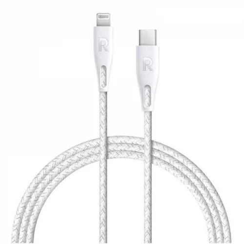 راف باور كابل قماش Type-C الى Lightning مقاوم للقطع لأجهزة الآيفون PD - بطول 2 متر - أبيض