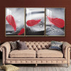 لوحة جدارية فنية مع ريش - 3 قطع - رمادي وأحمر